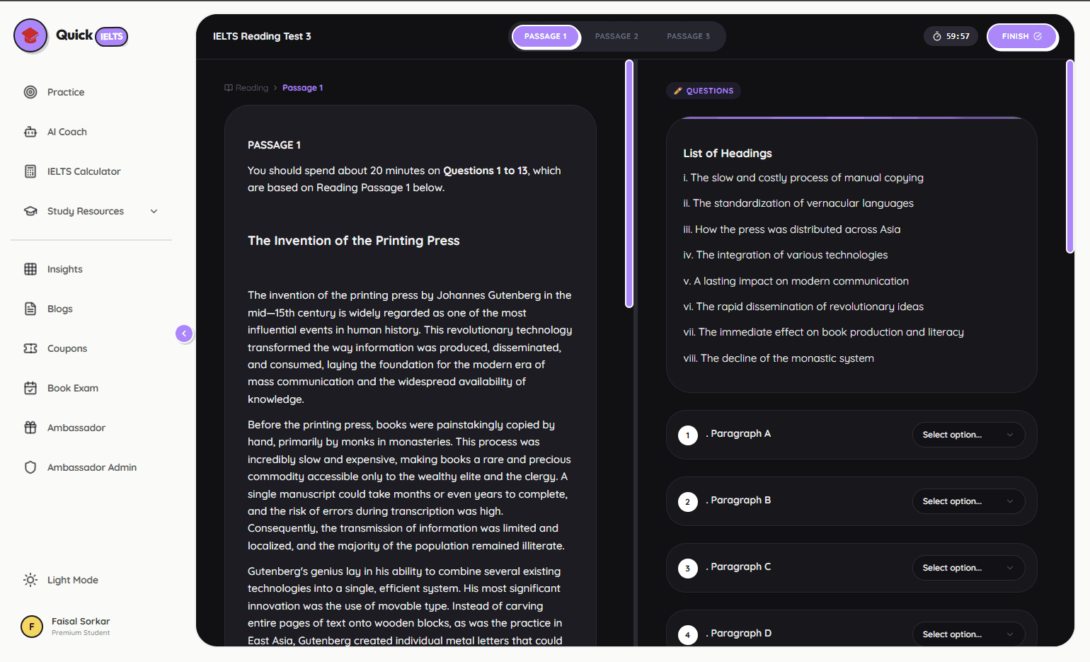QuickIELTS SASS Web App Interface
